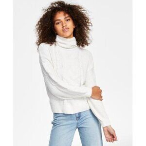 Hippie Rose Juniors' Cable-Knit Turtleneck Sweater - Winter White, Size L, New